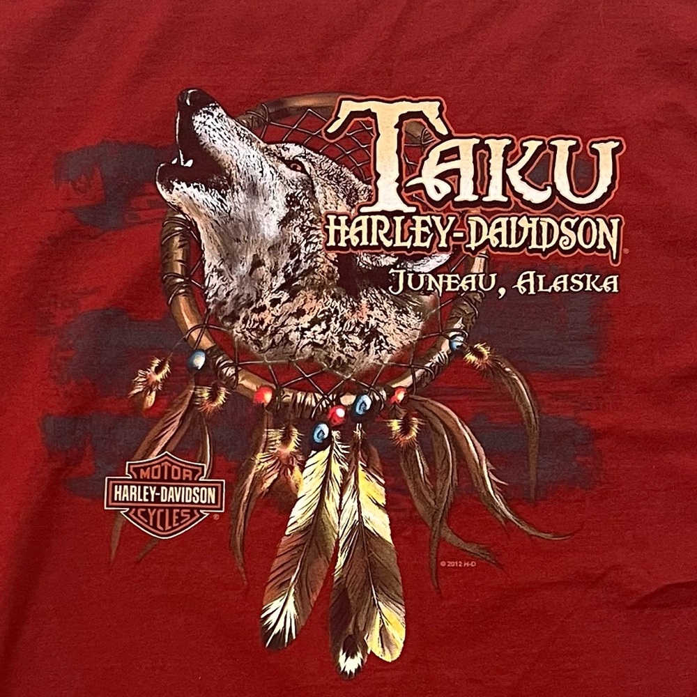 Harley Davidson 2012 Men’s XL T Shirt Taku Juneau Alaska Wolf Dream Catcher Red